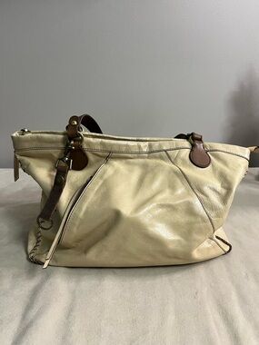 🤎 HOBO International Cream Leather Tote Shoulder Bag Large Slouchy Whipstitch